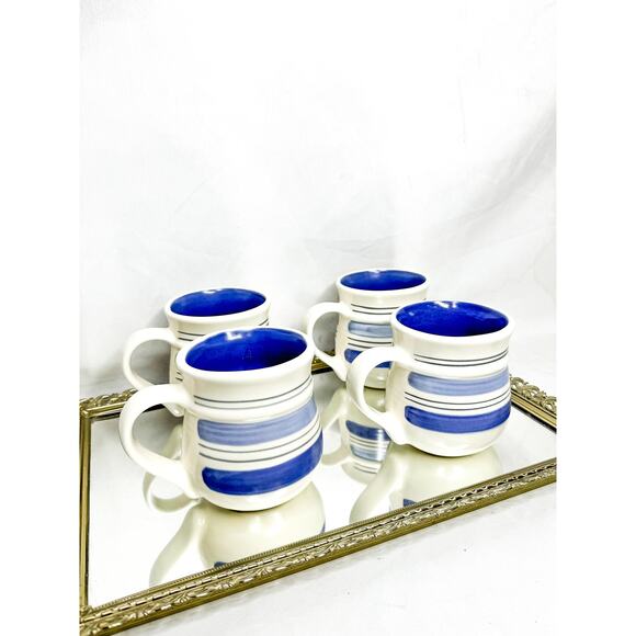 Set of Four Vintage Pfaltzgraff “Rio” Coffee Cups Blue and White Stoneware Mugs - Picture 1 of 8